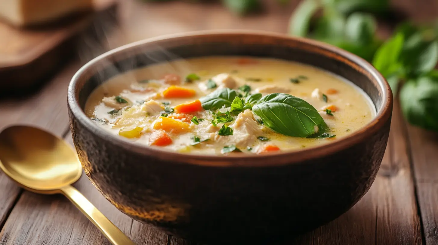 A warm bowl of creamy Marry Me Chicken Soup garnished with basil and Parmesan cheese.