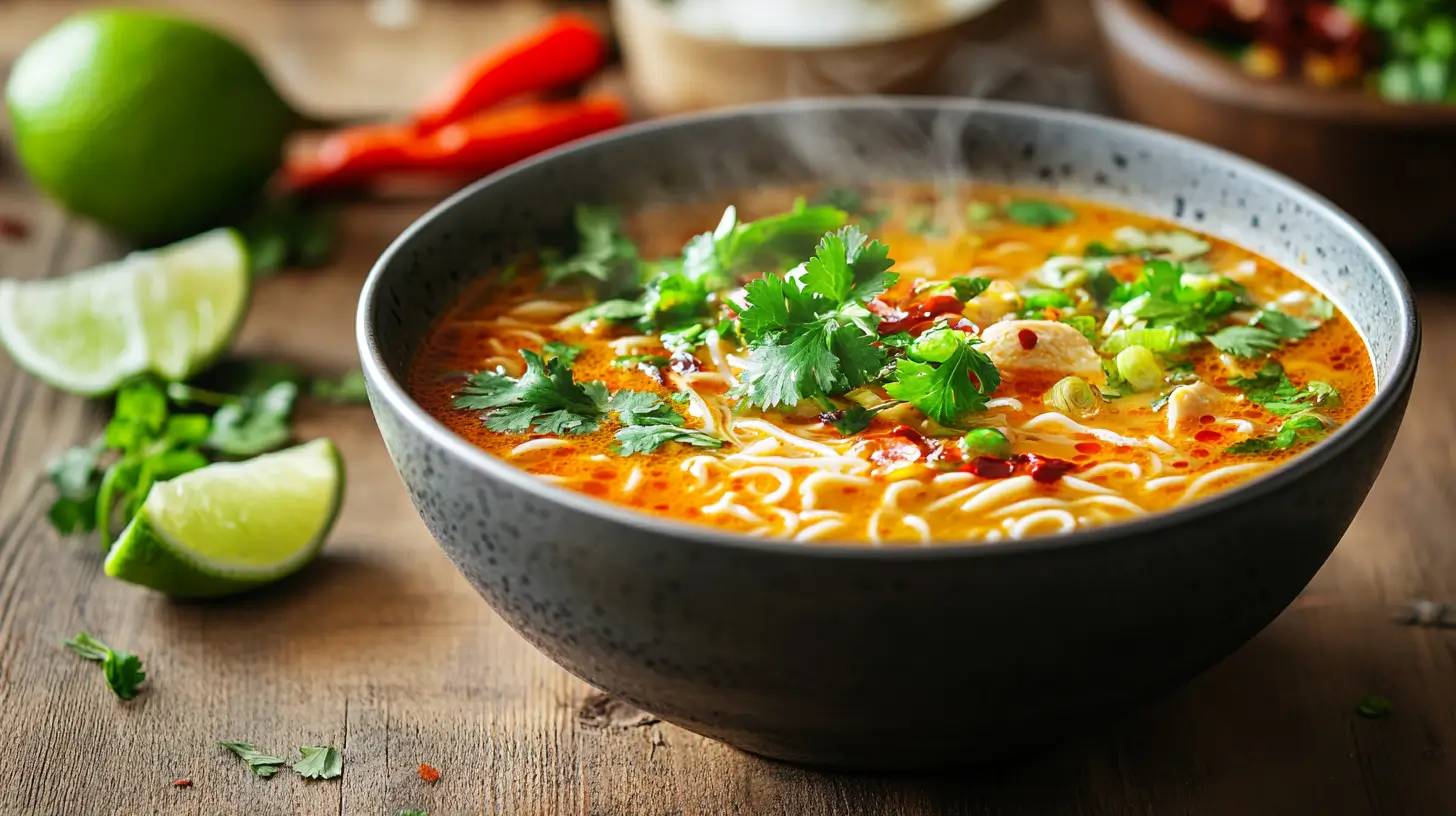 Spicy chicken noodle soup in a bowl with toppings