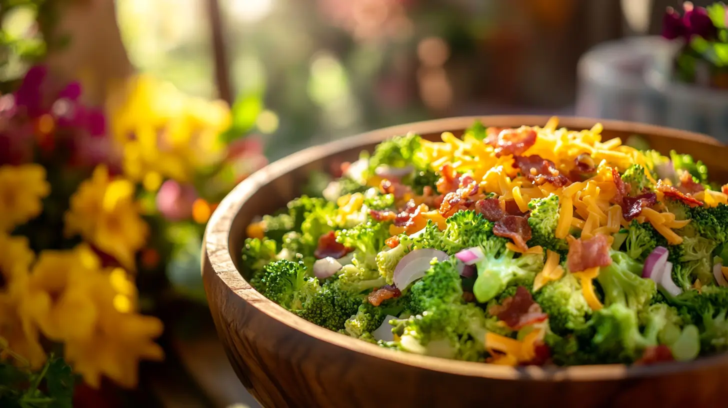 A bowl of Bodacious Broccoli Salad with bacon, cheese, and red onion.