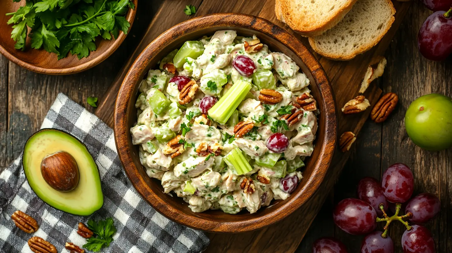 Chicken salad with grapes in a wooden bowl