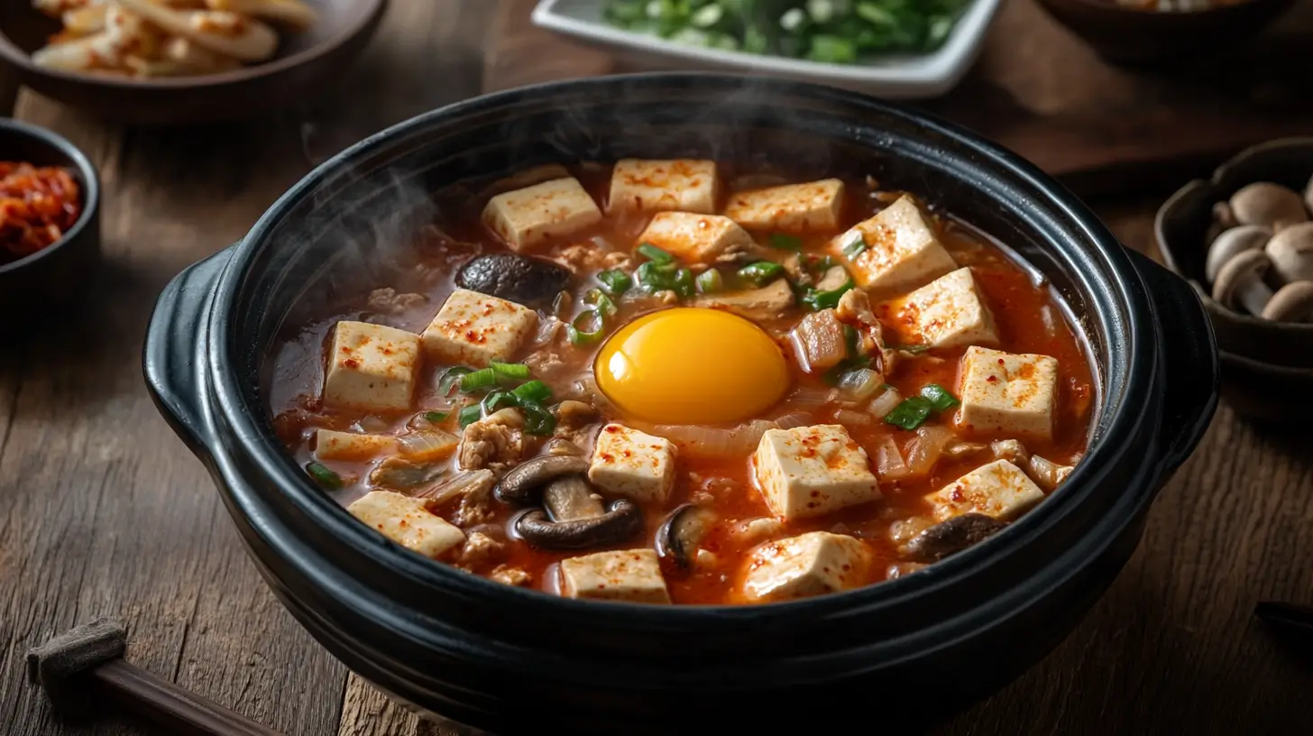 Korean tofu soup in a bowl with egg, kimchi, and tofu