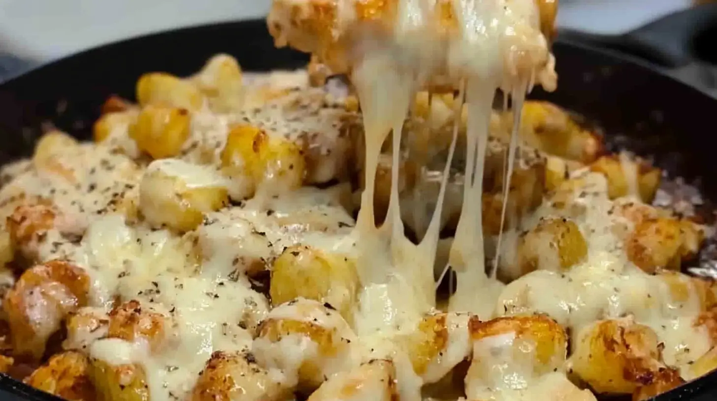 Cheesy Garlic Parmesan Chicken and Potatoes being lifted from a skillet.
