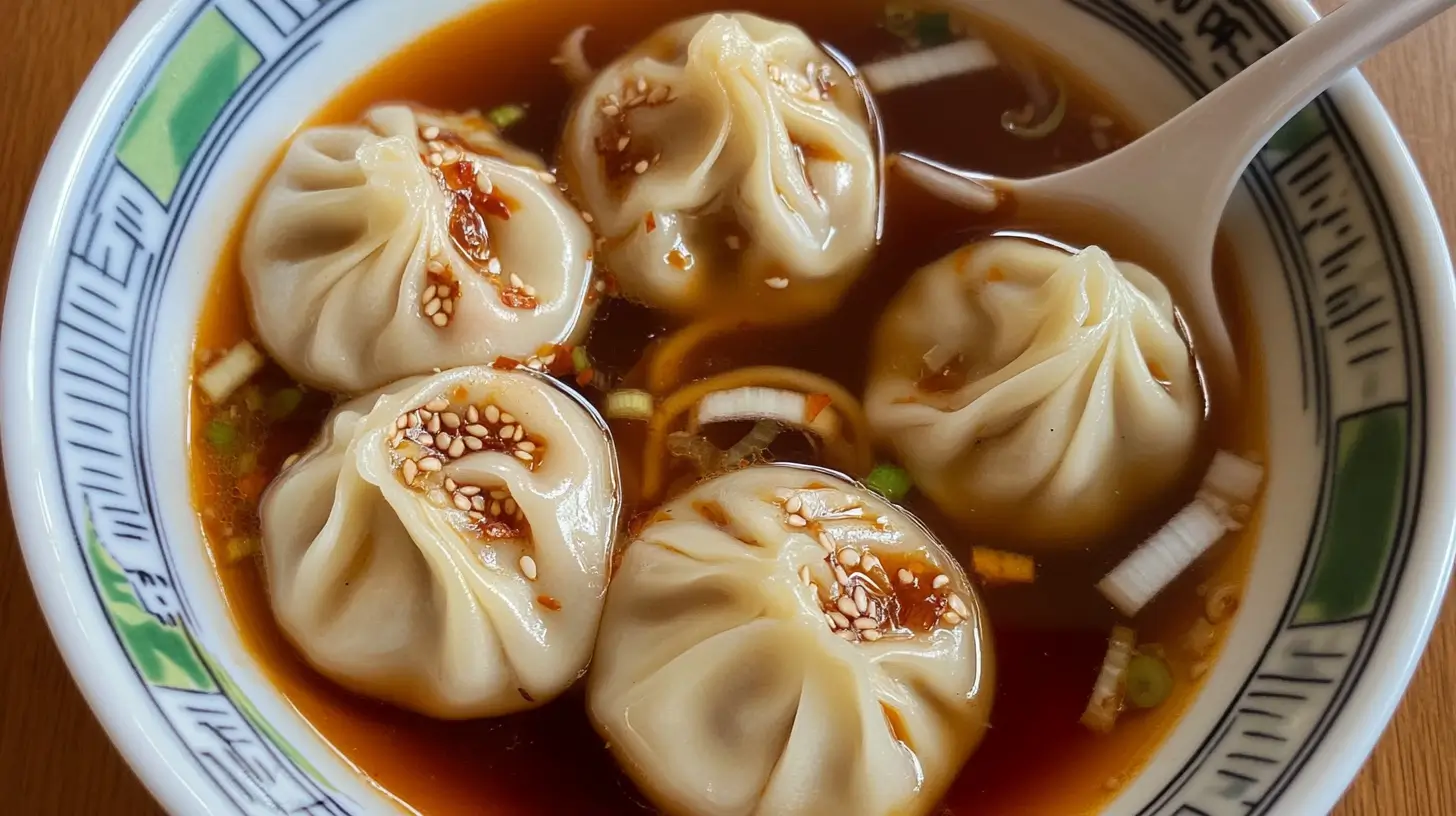 Steaming hot Trader Joe’s soup dumplings served in a bamboo steamer.
