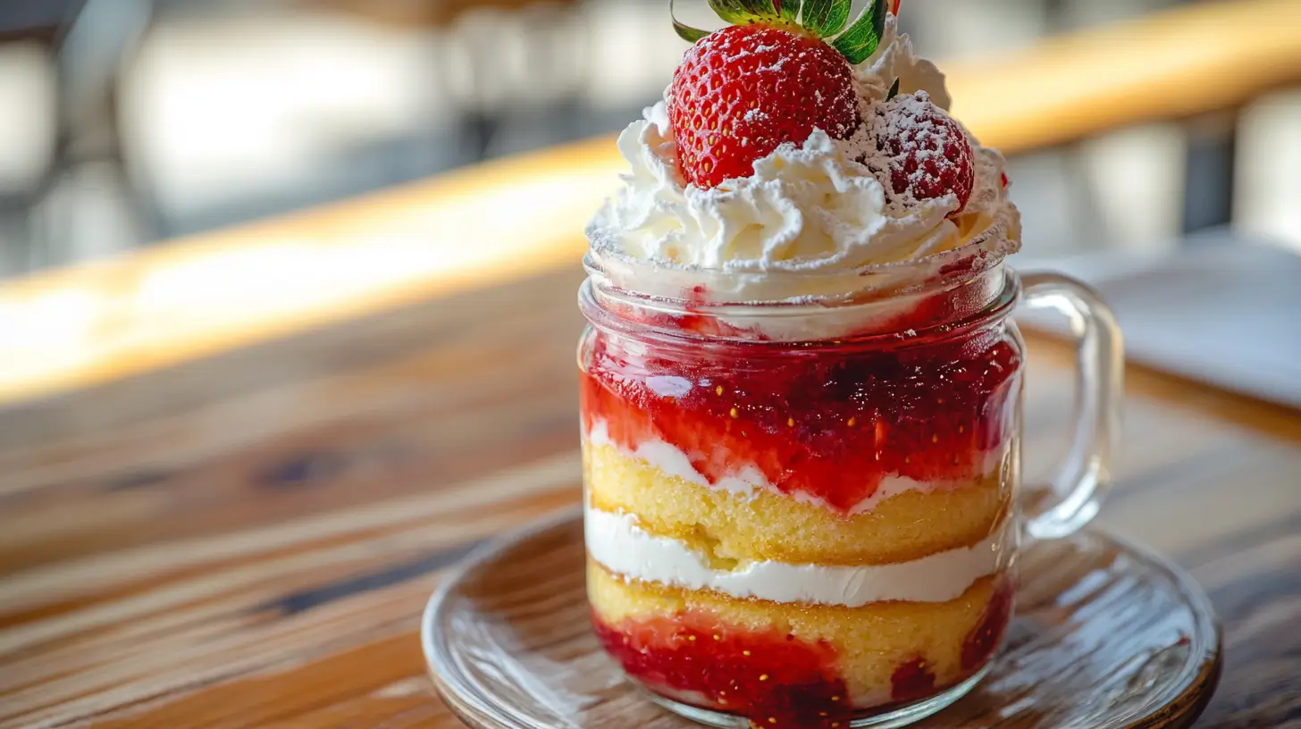 Strawberry Shortcake Cheesecake Roll Trifle Jar in mason jar