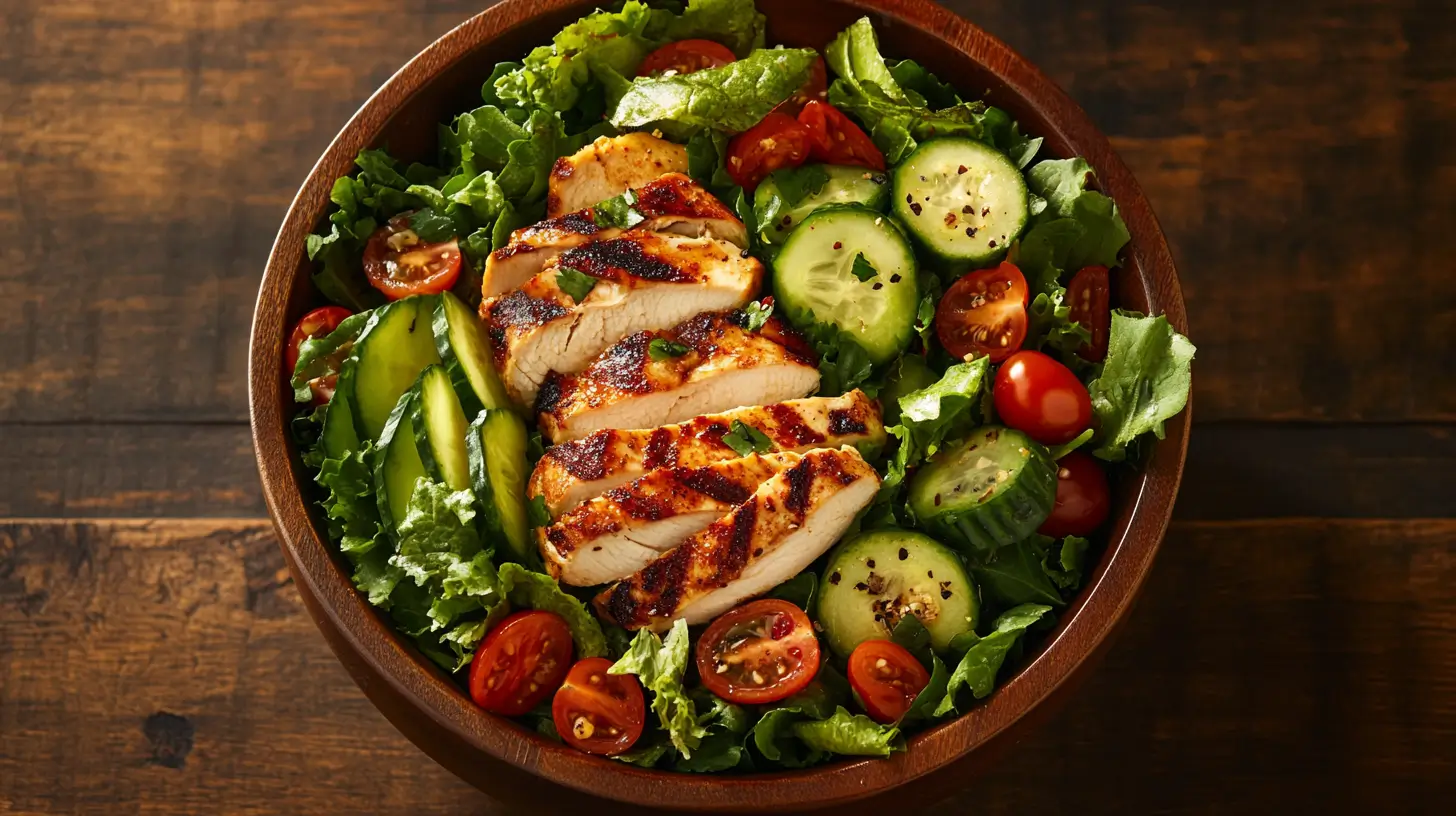 Fresh low calorie salad with avocado and chicken