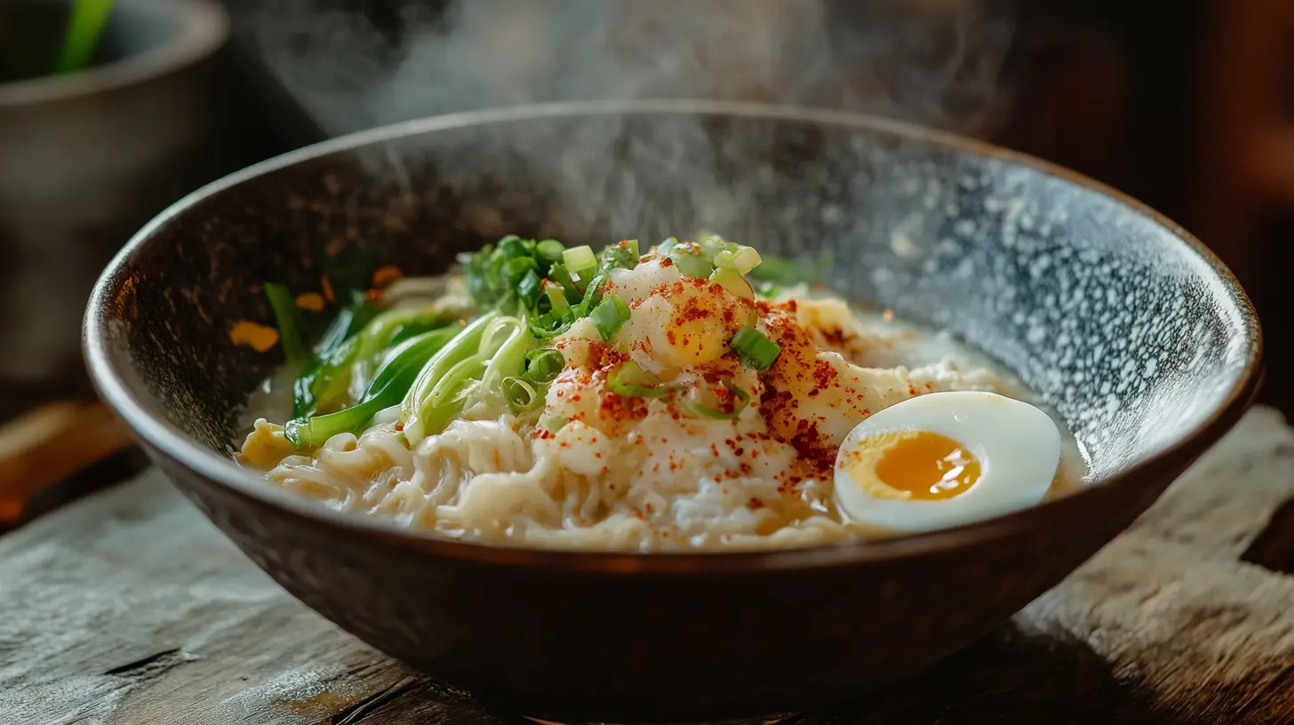 Steaming bowl of Asian noodle soup with toppings