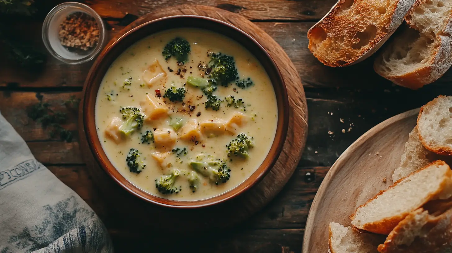 Velveeta broccoli cheese soup in a bowl with bread