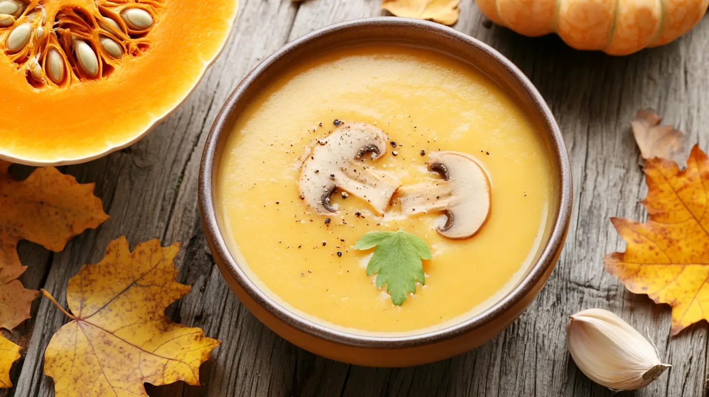 Creamy autumn squash soup in a cozy fall setting