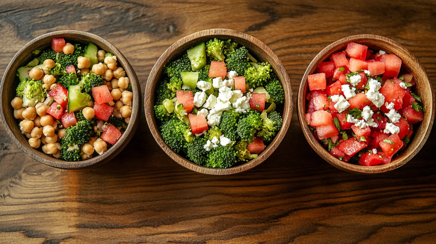 Colorful non lettuce salads with grains, veggies, and fruits