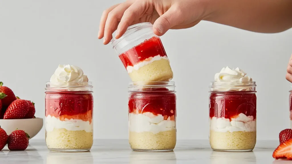 Step-by-step layering of cheesecake trifle in jars