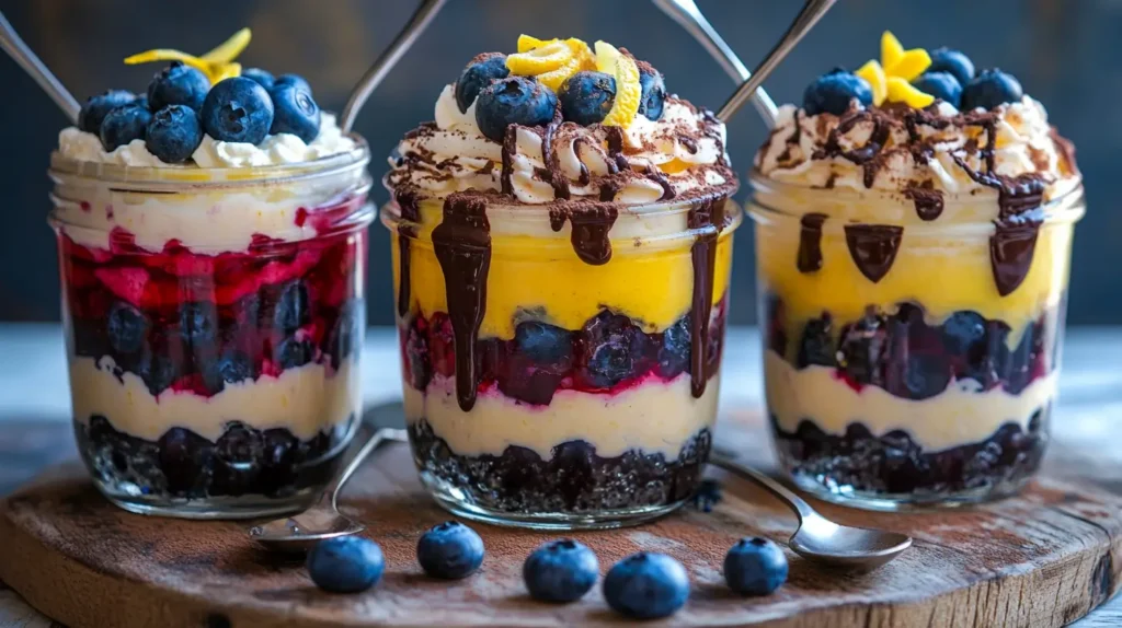 Three customized variations of strawberry shortcake trifle jars