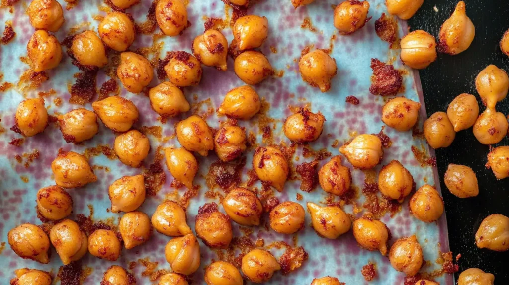 Roasted, seasoned chickpeas spread out on a baking sheet lined with a baking mat.