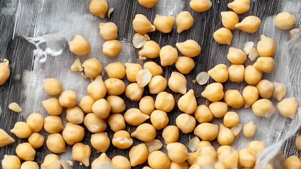 Cooked chickpeas scattered on a gray kitchen towel.