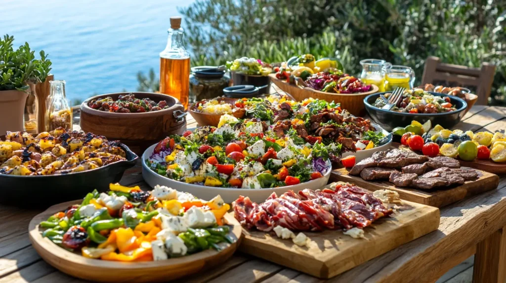 Greek outdoor meal with multiple salads