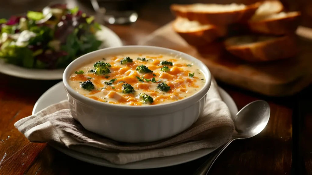 Bowl of chicken broccoli cheese soup served with crusty bread and green salad on a cozy table.