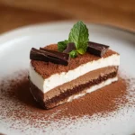 Chocolate tiramisu slice with cocoa and chocolate shavings