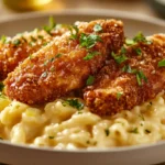 Crispy honey chicken on creamy mac and cheese plate