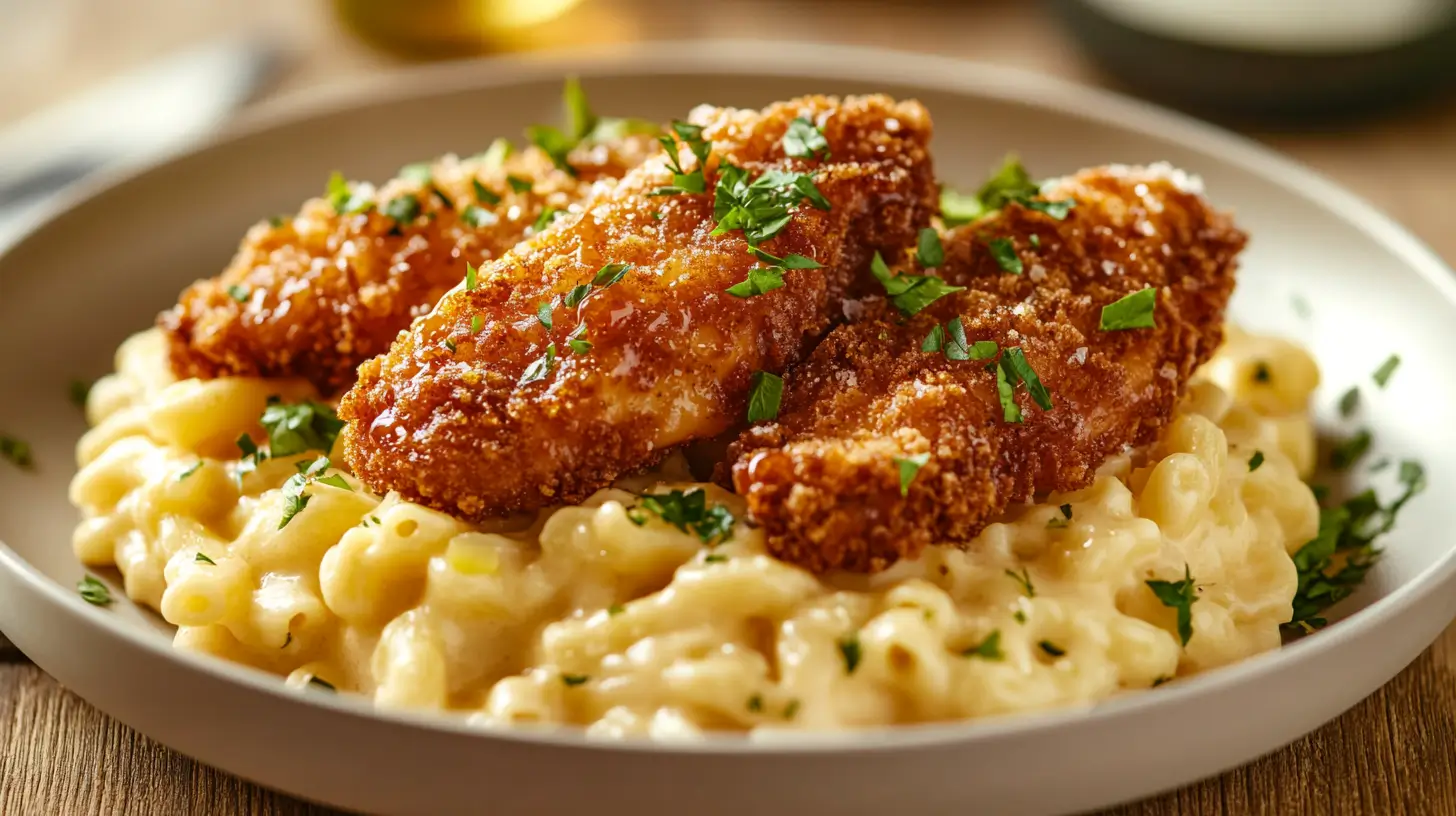 Crispy honey chicken on creamy mac and cheese plate