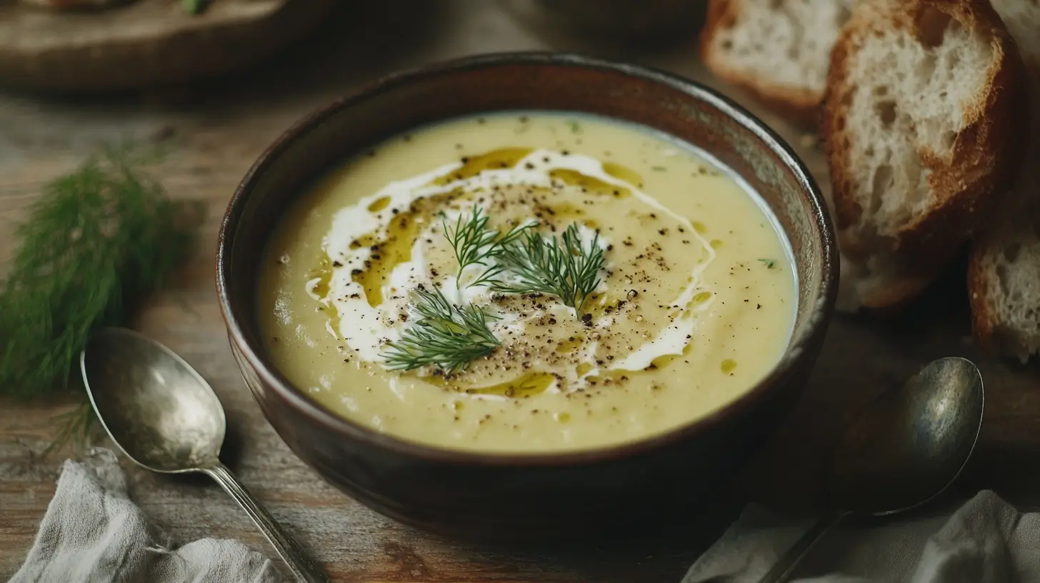 Creamy asparagus soup served with dill and bread