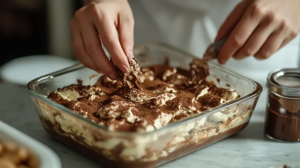 Assembling chocolate tiramisu step by step
