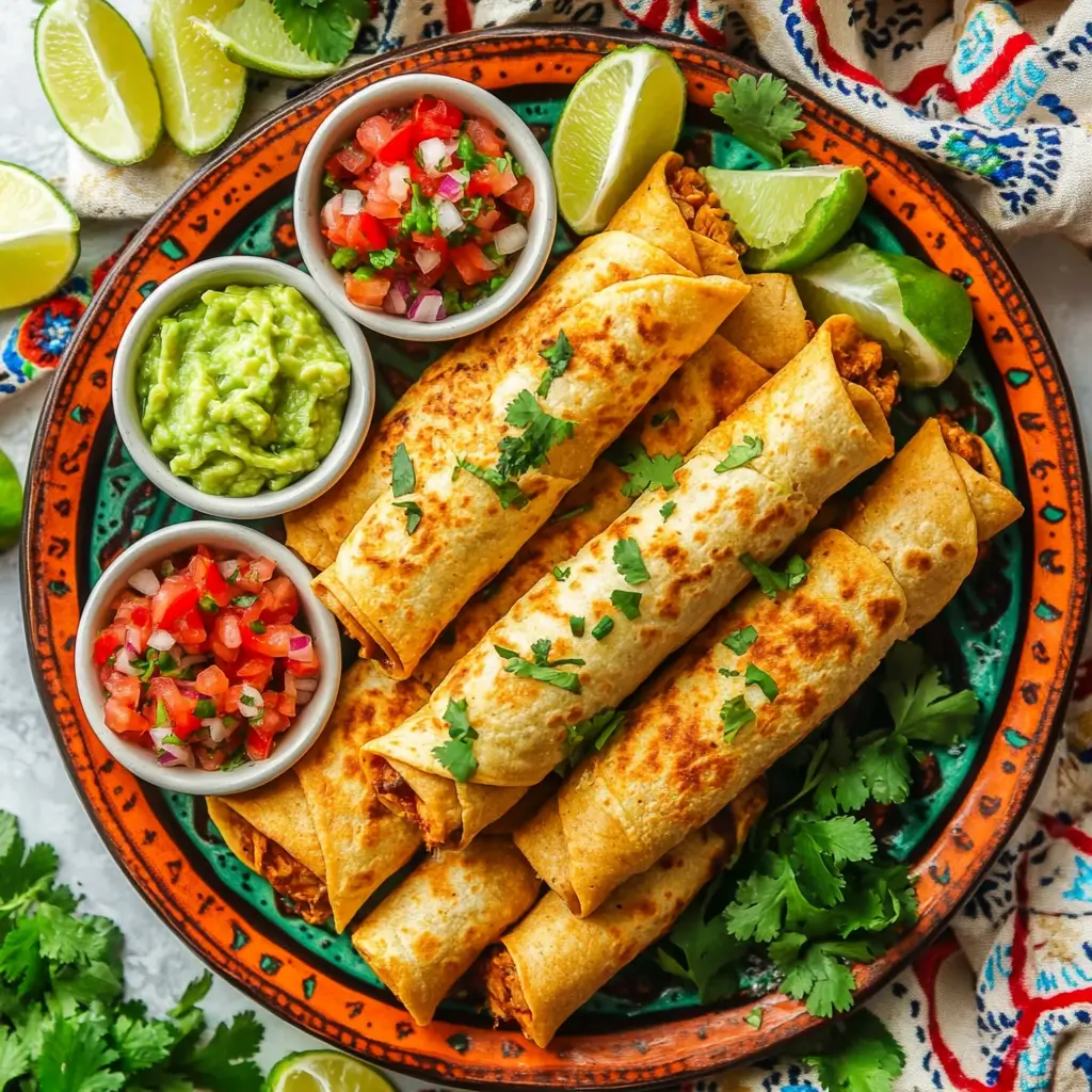 Air fryer chicken taquitos served with dipping sauces