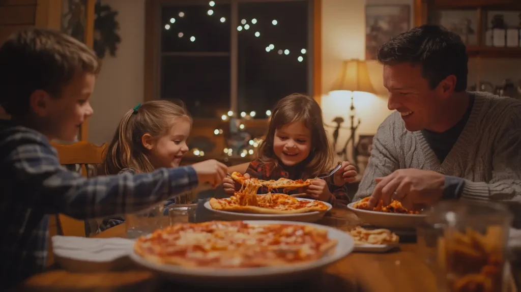 Family enjoying pizza pasta at dinner table