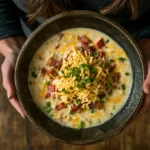 Creamy hash brown soup with toppings in a rustic bowl