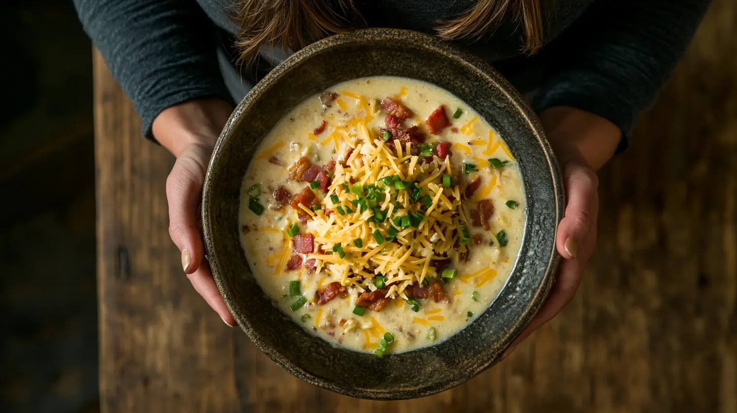 Creamy hash brown soup with toppings in a rustic bowl