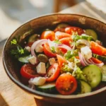 Traditional Greek Horiatiki salad with feta and olives