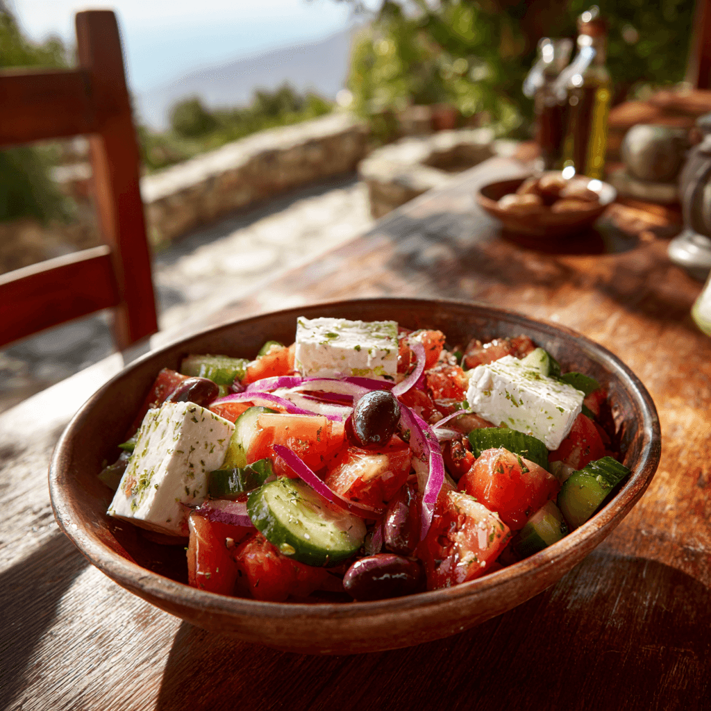 Famous Greek salad with fresh ingredients