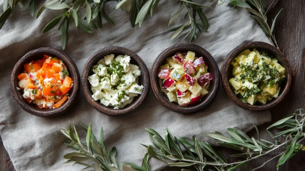Different Greek salads including Patatosalata and Melitzanosalata