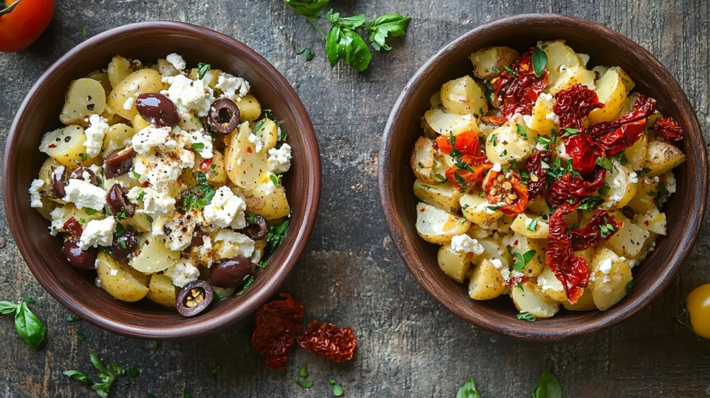 Three variations of vegetarian feta potato salad with different mix-ins