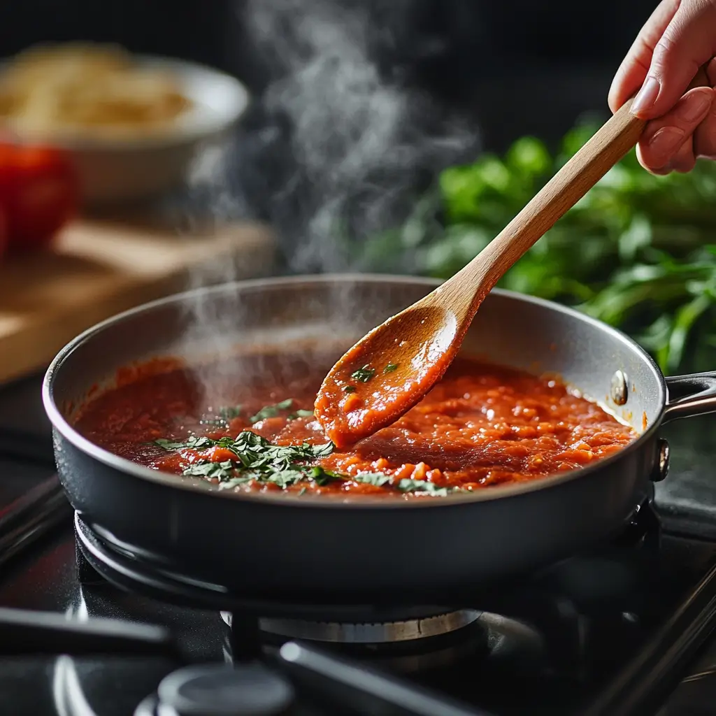 Homemade pizza sauce from tomato paste being stirred in a pot on the stove