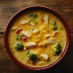 A steaming bowl of chicken broccoli cheese soup with melted cheddar and fresh broccoli florets.