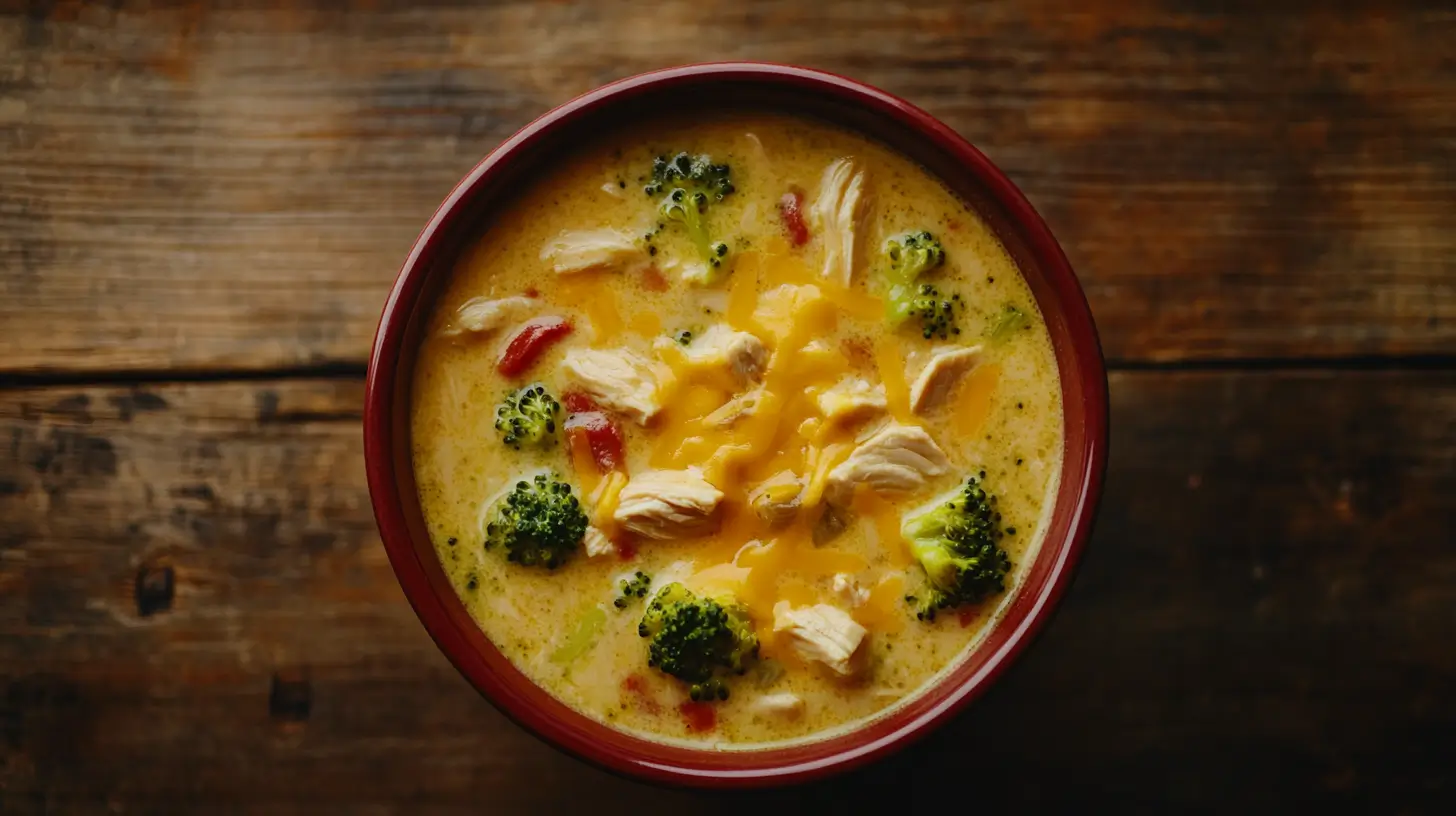 A steaming bowl of chicken broccoli cheese soup with melted cheddar and fresh broccoli florets.
