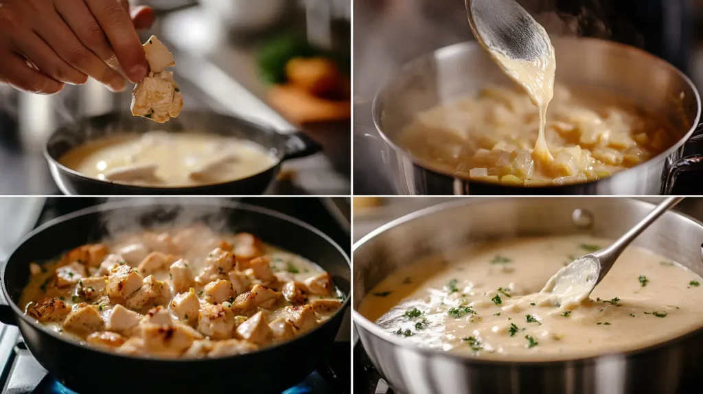 Step-by-step visuals: searing chicken, sautéing onions, whisking roux, adding broccoli, and stirring in cheddar cheese.