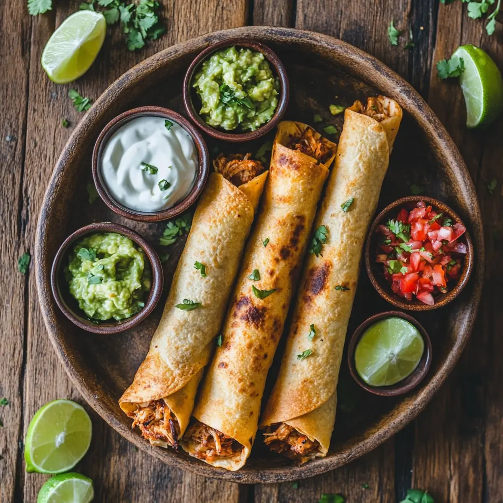Crispy air fryer chicken taquitos served with salsa and lime