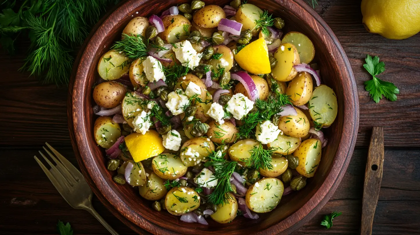 Overhead view of vegetarian feta potato salad with feta, capers, and herbs