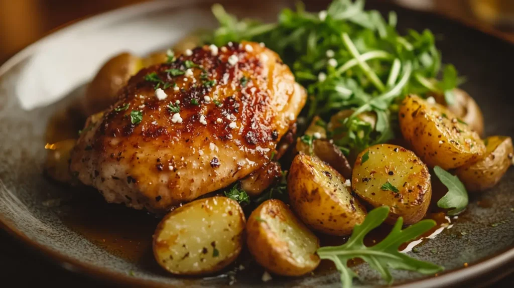 Crispy hot honey feta chicken with salad and potatoes