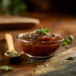 Homemade pizza sauce made from tomato paste with herbs in a rustic kitchen