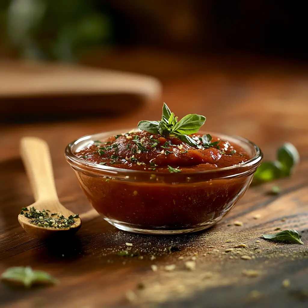 Homemade pizza sauce made from tomato paste with herbs in a rustic kitchen
