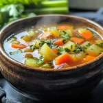 Weight Watchers soup in rustic bowl with fresh vegetables