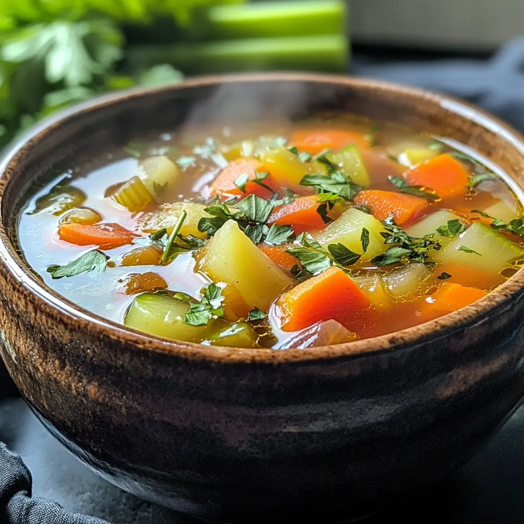 Weight Watchers soup in rustic bowl with fresh vegetables