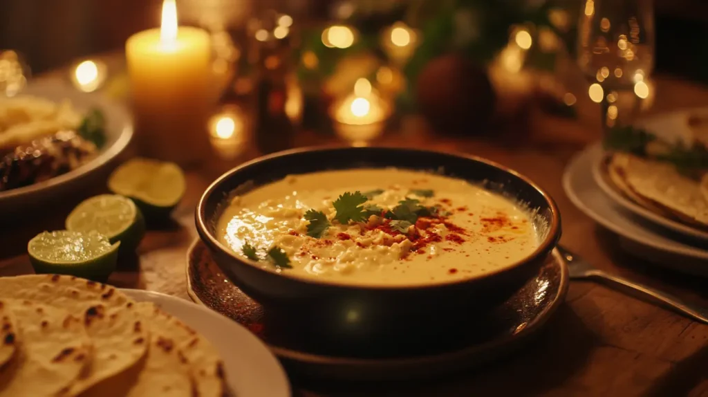 Bowl of soup served with tortillas and garnishes on a cozy table