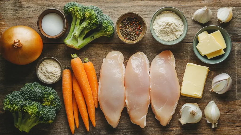 Ingredients for chicken broccoli cheese soup: chicken breasts, broccoli, cheddar cheese, carrots, onion, butter, flour, broth, and spices.