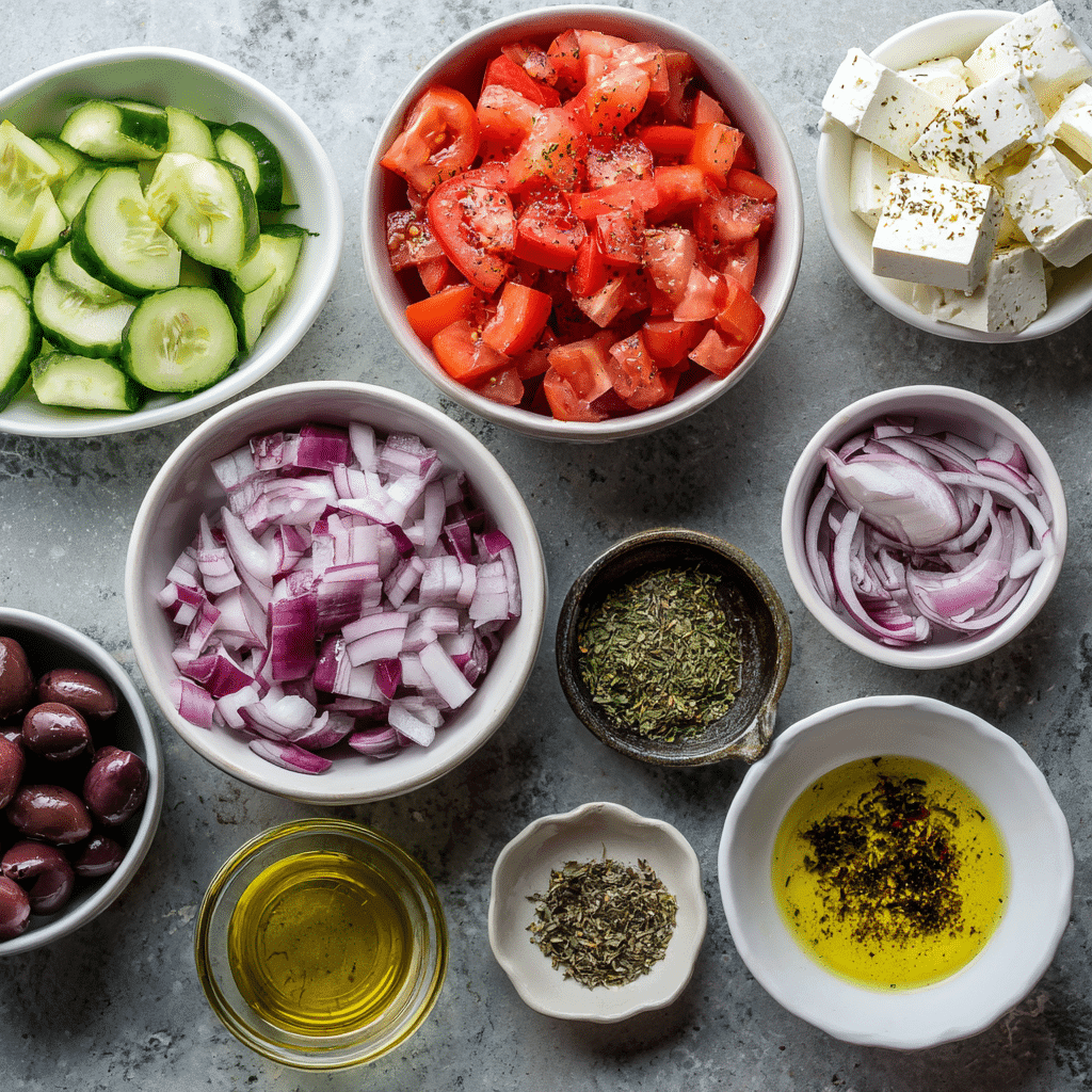 Greek salad ingredients top view