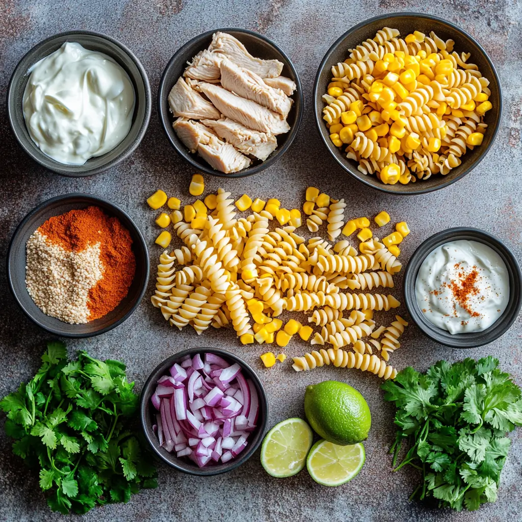 Ingredients laid out for Mexican street corn chicken pasta salad recipe