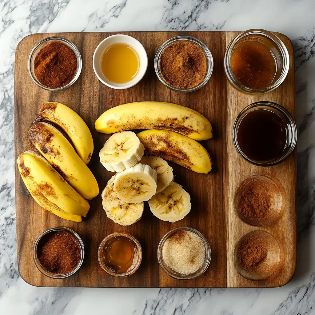 Ingredients for air fryer caramelized bananas laid out on a board