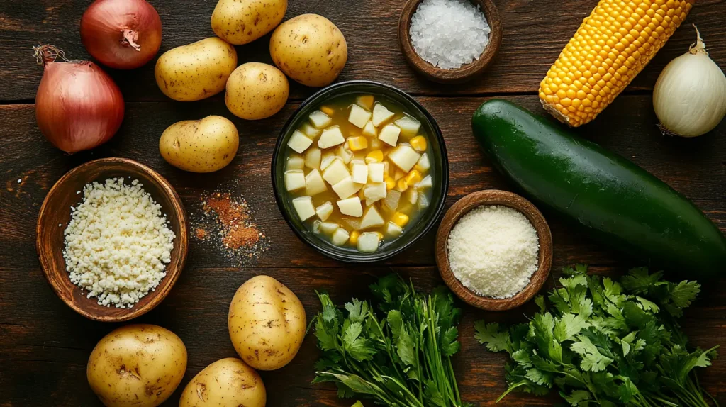 Ingredients laid out for cheese broth with potatoes and elote