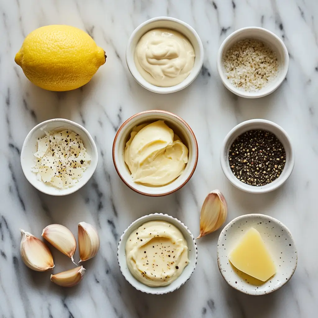 Ingredients for Caesar salad dressing without egg arranged on kitchen counter